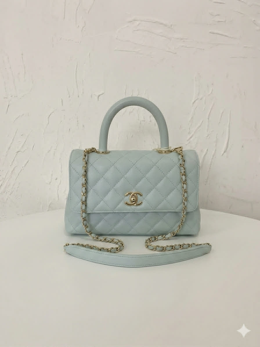 Chanel Coco Handle Small Baby Blue and Gold with Lychee Pattern