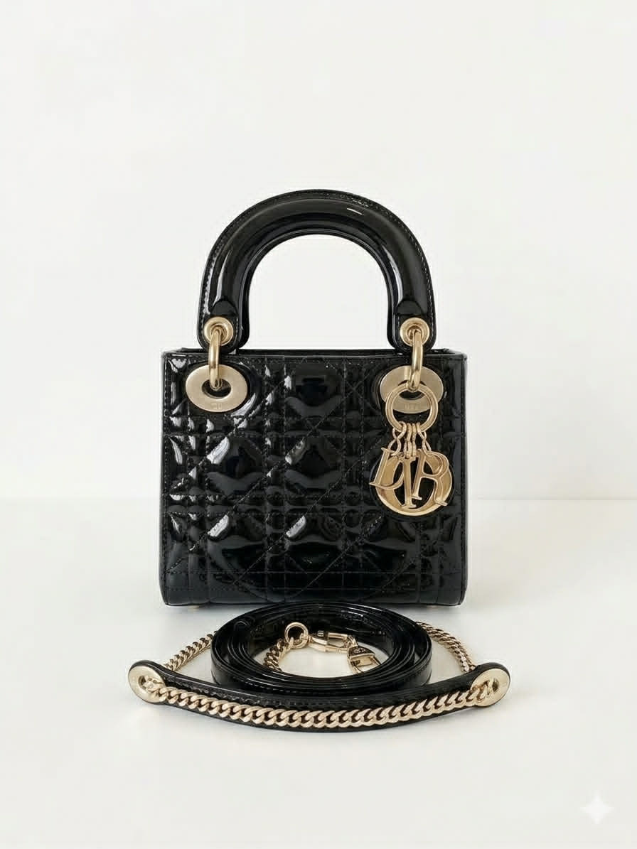 Dior Lady Dior Three-Compartment Patent Leather Black and Gold 25-Year-Old Complete Set, Brand New✨