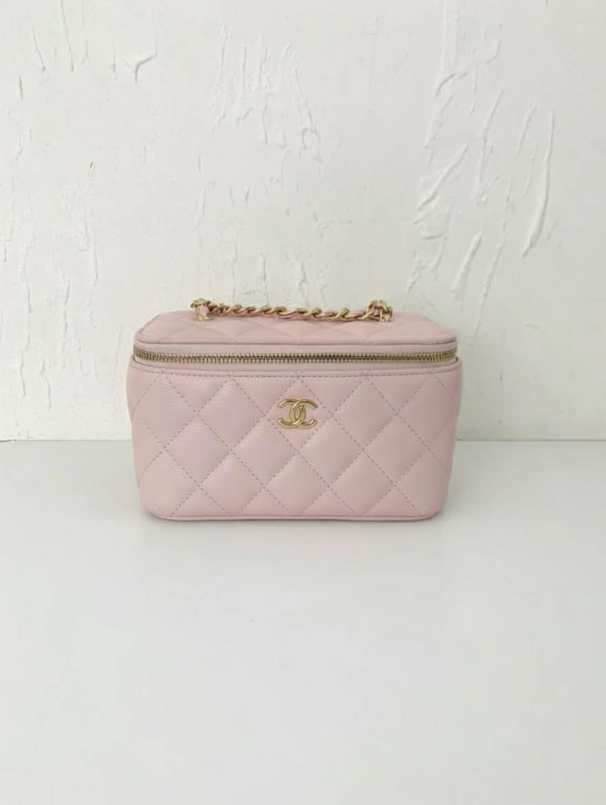 Chanel Small Vanity Case with Chain (Pink Quilted Lambskin/Caviar Leather)