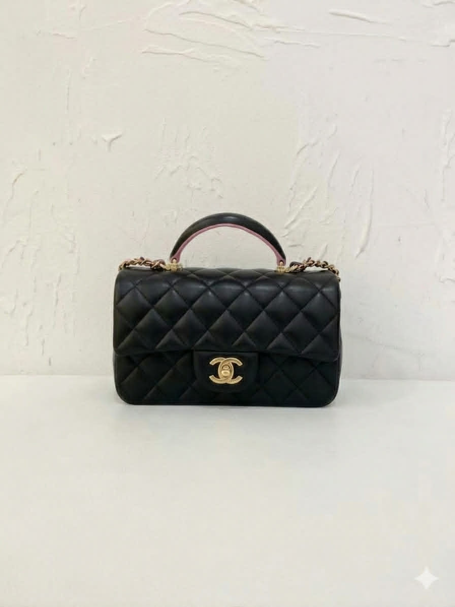 Chanel Mini Handle, Black and Pink with Gold Hardware, Lambskin